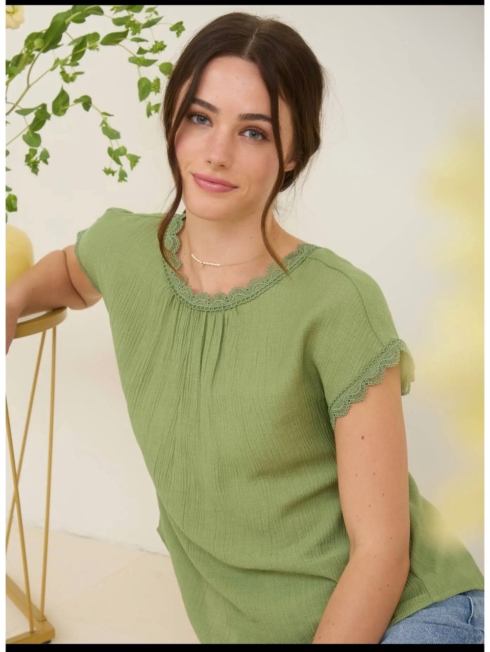 NEW MINE Sage Green Lace & Bow Back Top – Small